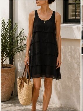 Eileen Fisher System Silk Tiered Slip Dress Shift LBD Minimalist Size M